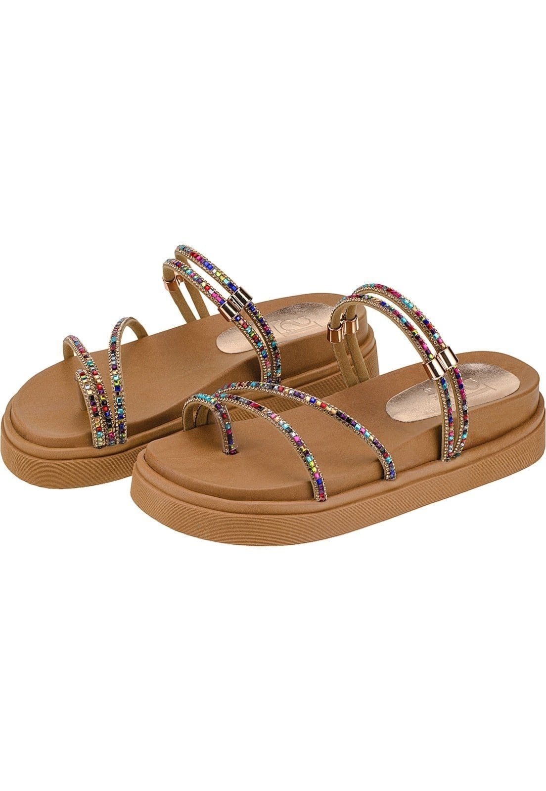 Sandália Birk Pedraria Colorida Strass de Brilho Micro Manta Papete Flatform Confort 7026 Damasco