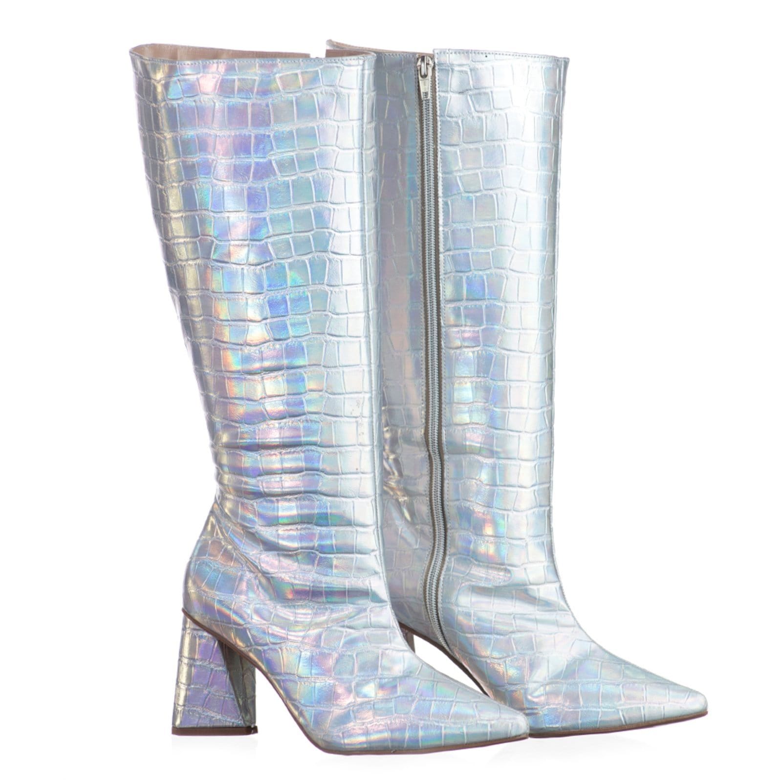 Bota Feminina Cano Longo Salto Triângulo Croco Holográfico