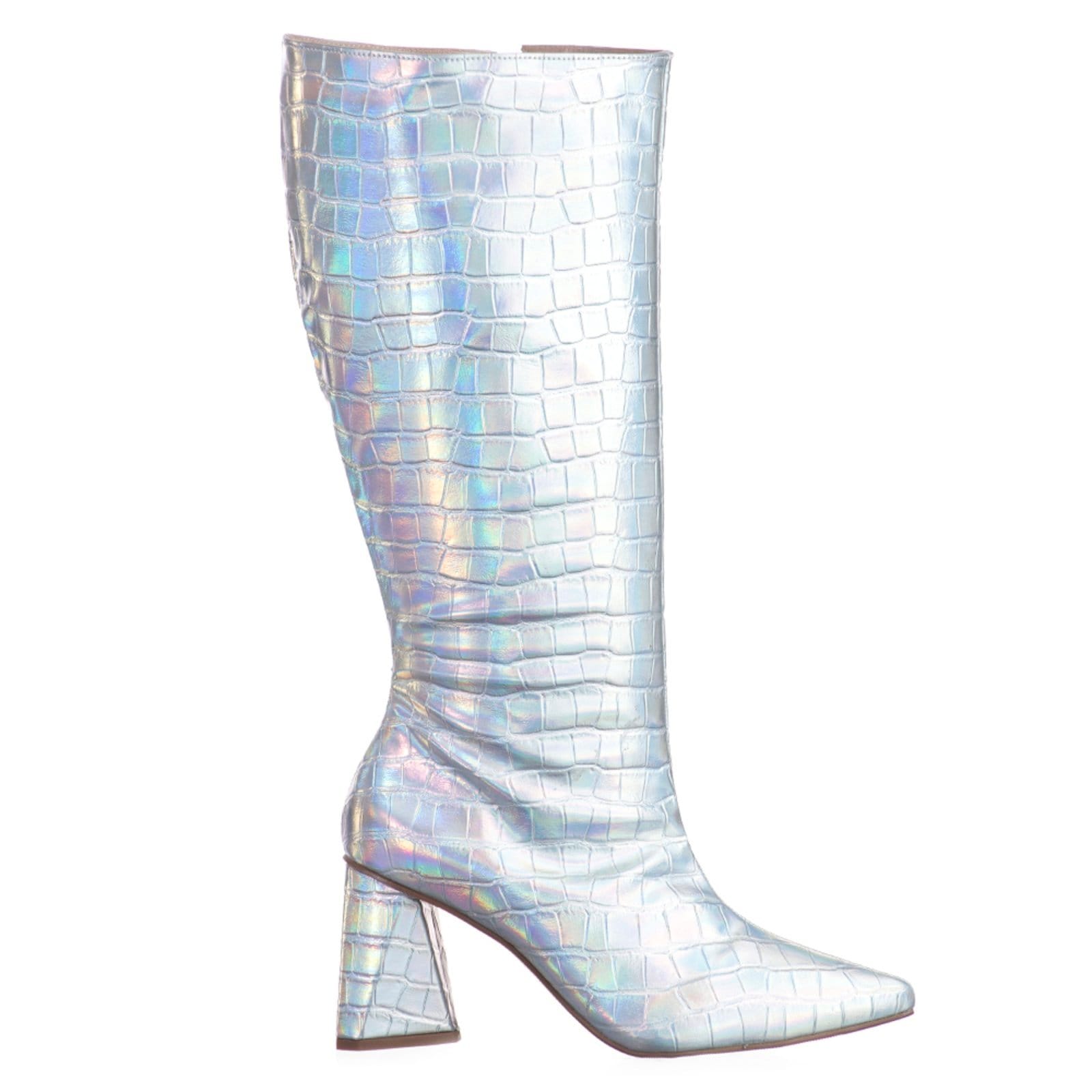 Vista 2 Bota Feminina Cano Longo Salto Triângulo Croco Holográfico Flor da Pele prata