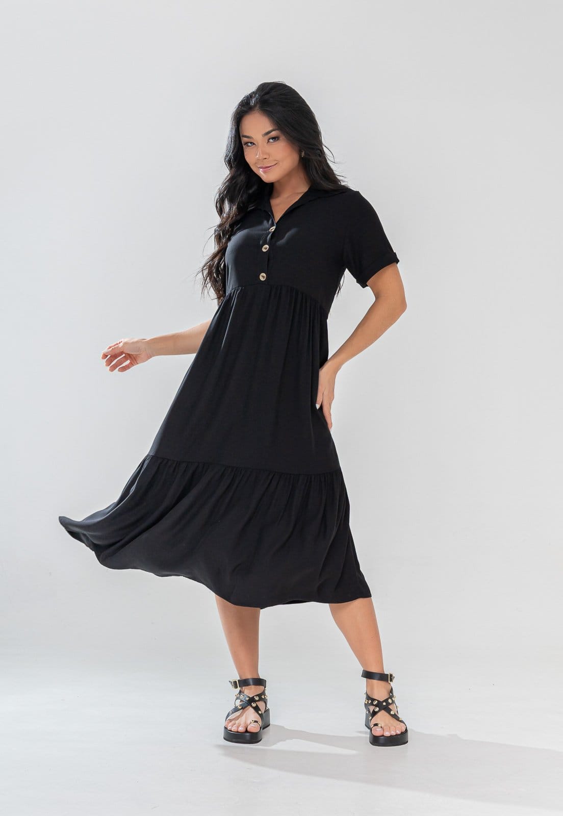 Vista 2 Vestido Aura Chemise Rafaela Sarja Liso Aura preto