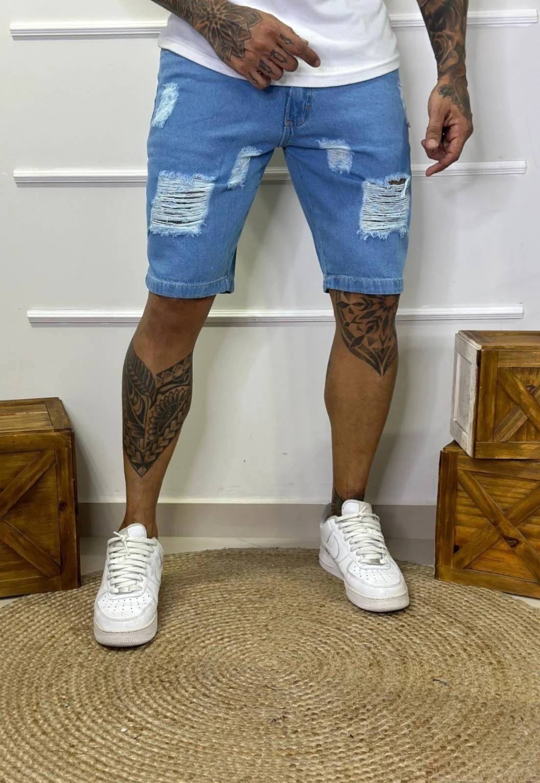 Bermuda Jeans Masculina Slim Destroyed Claro
