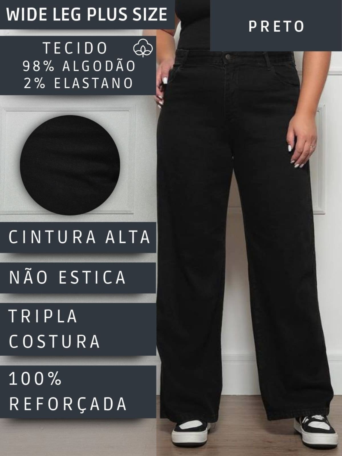 Vista 2 Calça Wide Leg Plus Size Feminina Preta Cintura Alta Conforto e Estilo Safira Moda preto