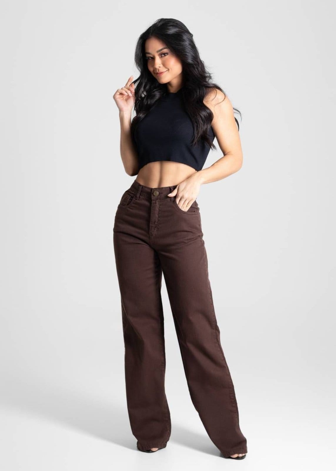 Vista 2 Calça Sarja Sawary Wide Leg - 280820 Sawary marrom