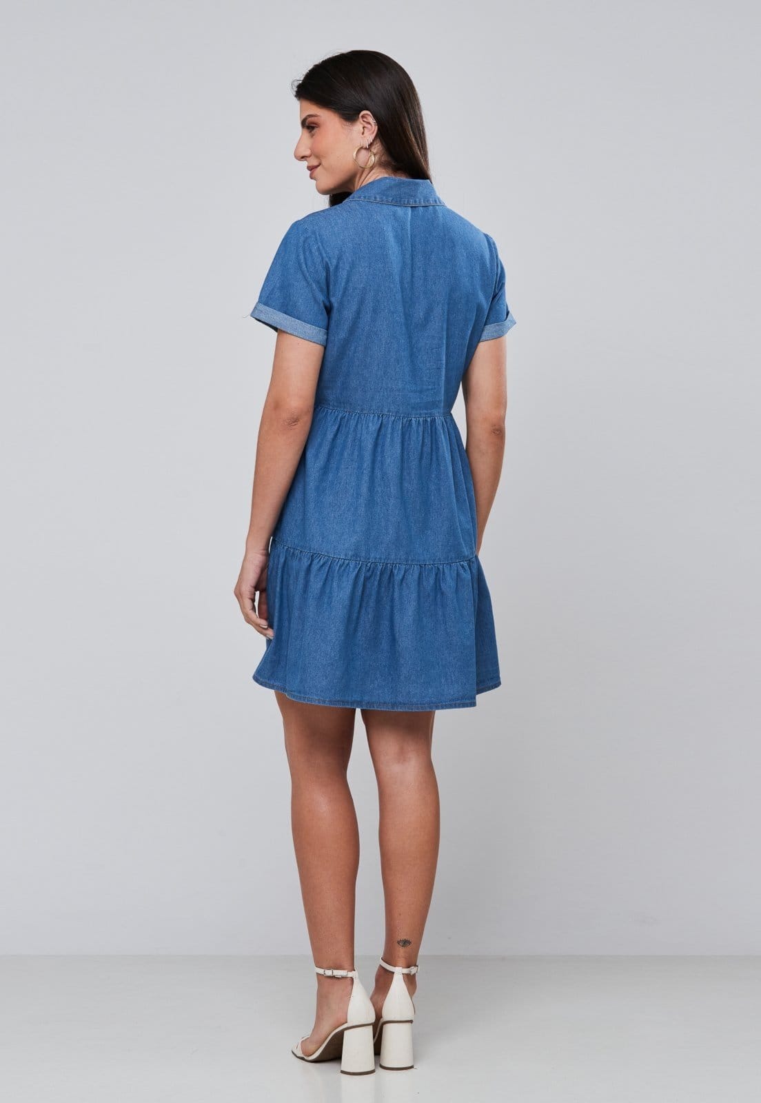 Vista 2 Vestido Chemise Camadas Franzido Miss Joy 8055 Feminino MISS BY JOY azul/jeans