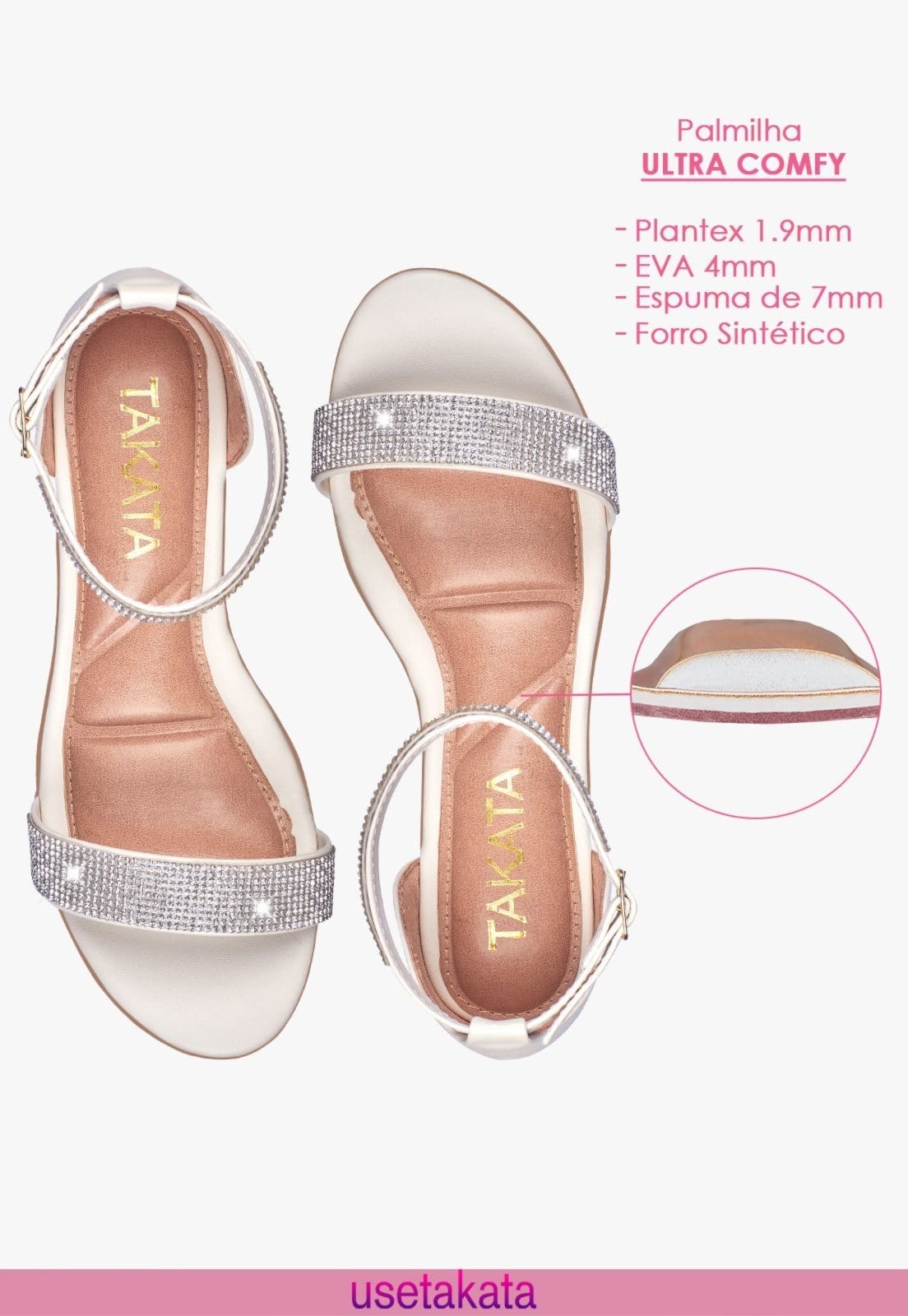 Vista 2 Sandália Feminina Salto Quadrado Grosso Baixo Manta Strass Brilho Confortável Festa Off White TAKATA BY RAFAEL TAKATA off-white white