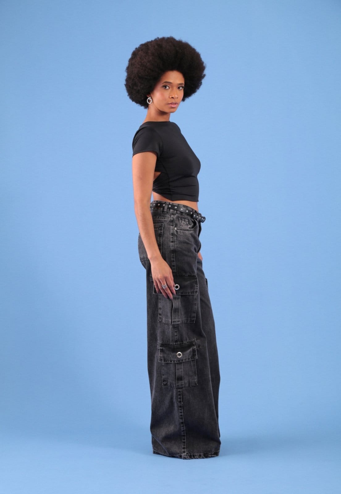 Vista 2 Calça Jeans Pop Me Wide Leg Bolso Cargo Pop Me preto