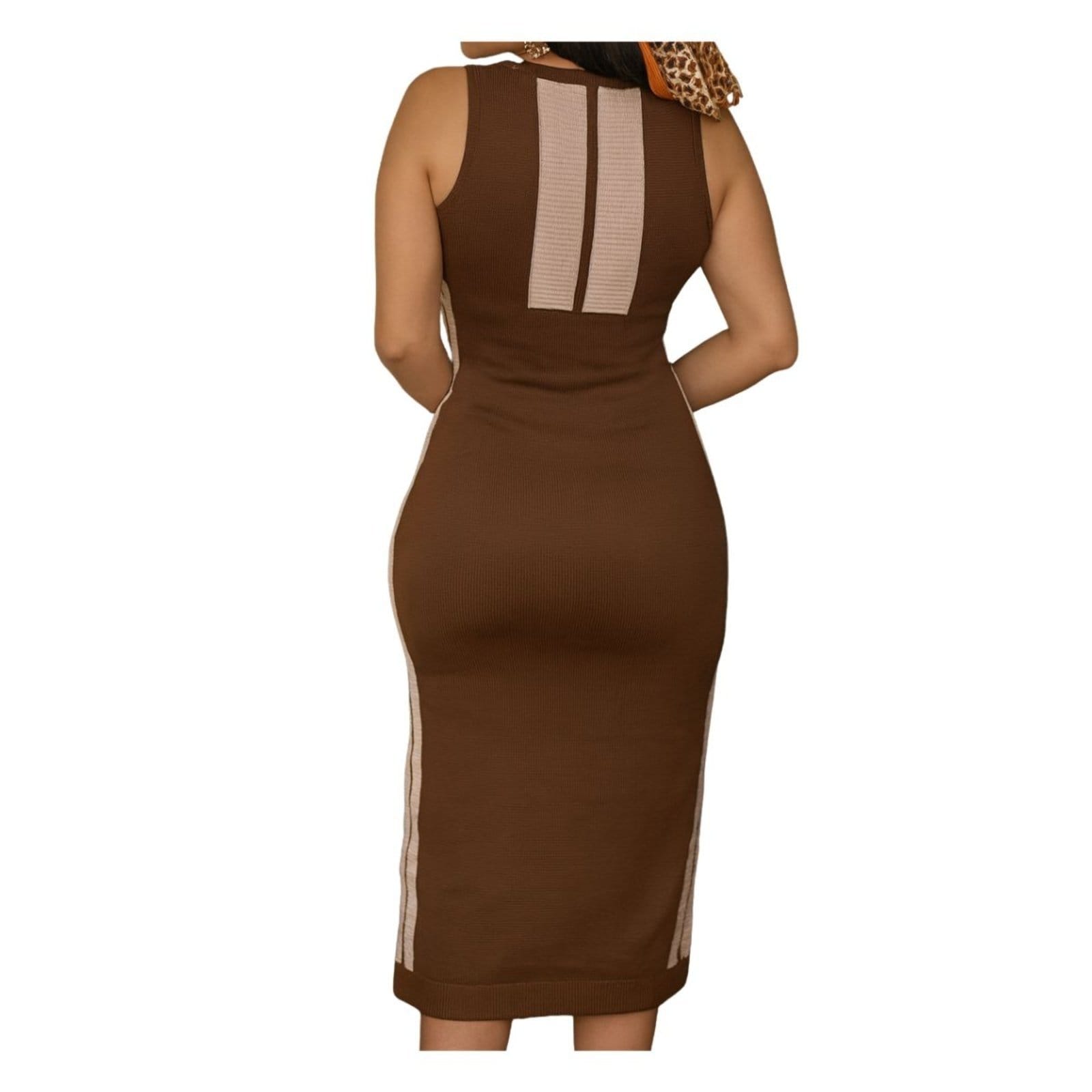 Vista 2 Vestido FMF Feminino Midi Tricô Listrado Justo Corpo Elegante Premium FMF marrom