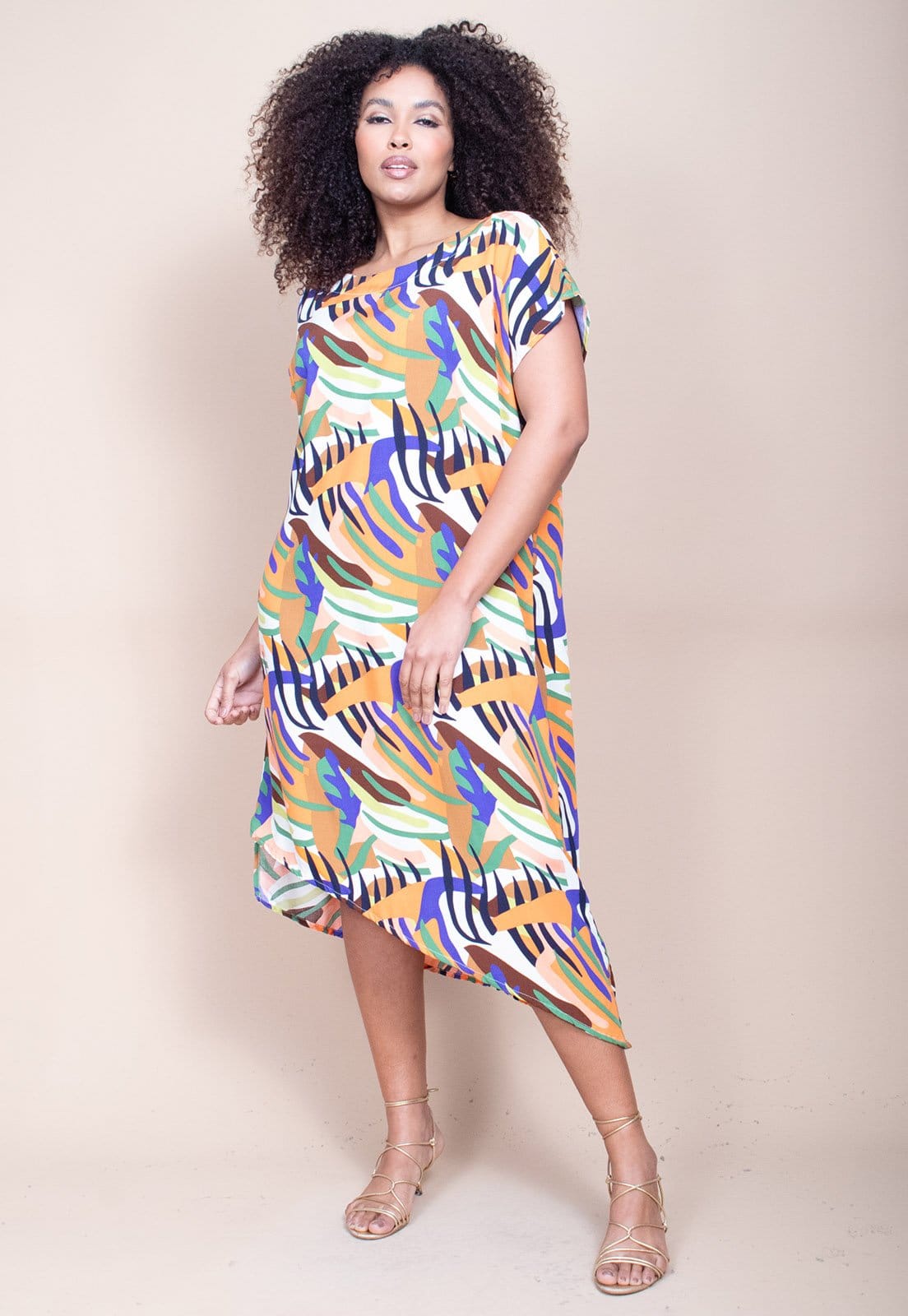 Vista 2 Vestido Cabanafree Midi Plano Estampa Cores Vibrantes Cabanafree azul/estampado/laranja