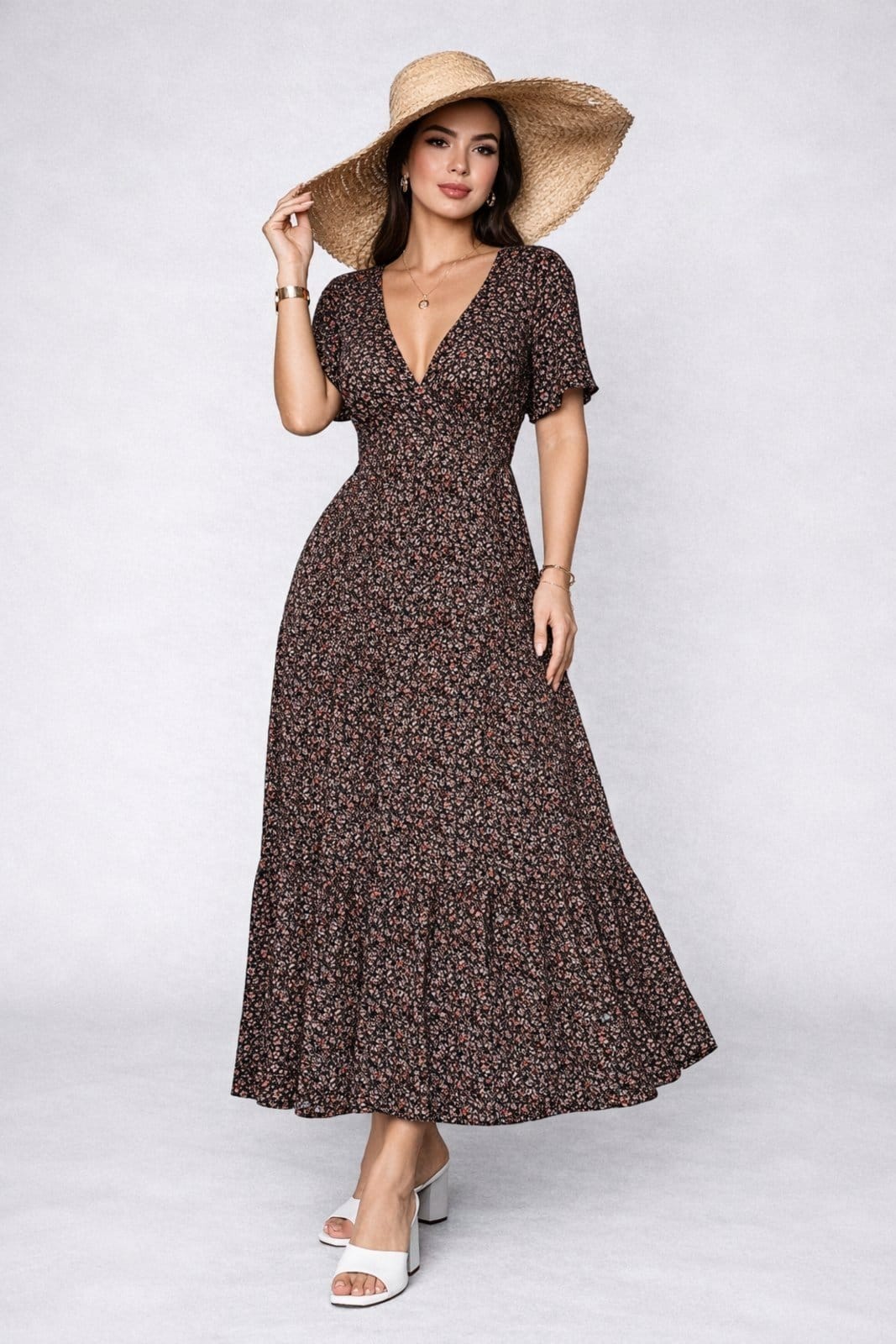 Vestido Longo D Bell Outlet Fashion Gola V Estampado