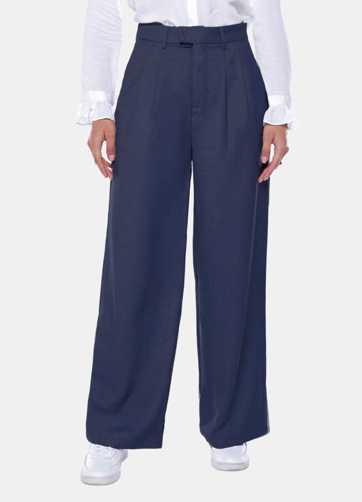 Calça de Pregas Marinho Sob Cintura Alta em Viscose com Elastano