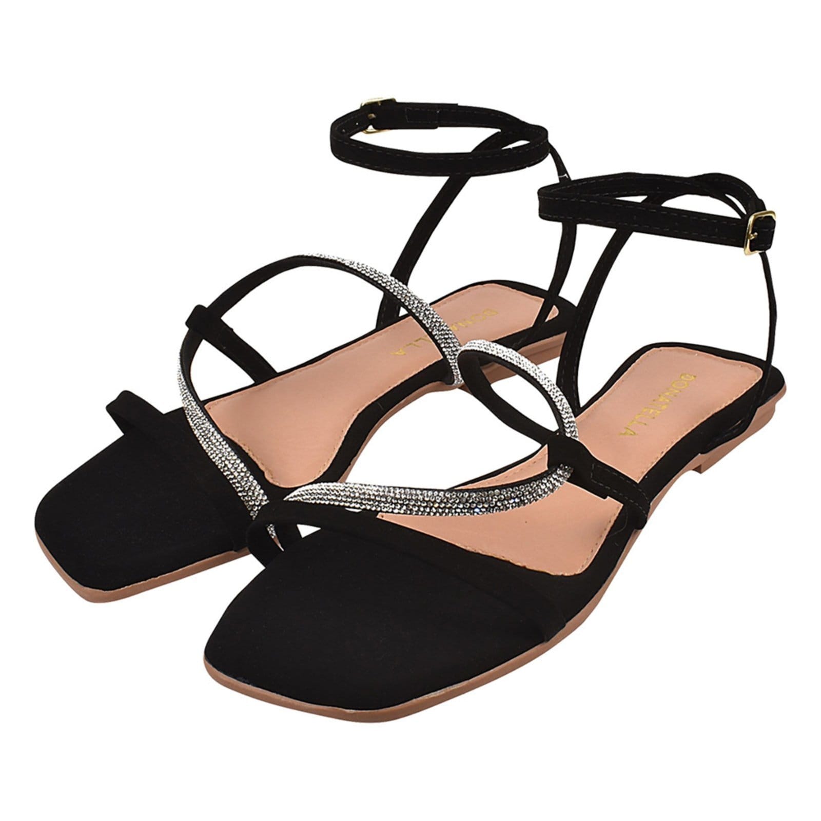 Vista 2 Sandália Rasteira Feminina Donatella Shoes Bico Quadrado Rasteirinha Entrelaçada Brilho Strass Camurça Monte Shoes preto