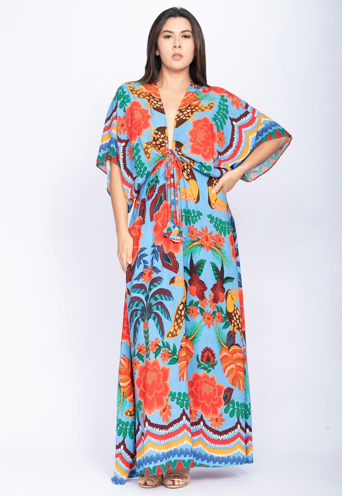 Vista 2 Vestido Amazonia Vital Midi Plus Viscose Morcego Estampa Iara Azul Amazonia Vital estampado/preto azul