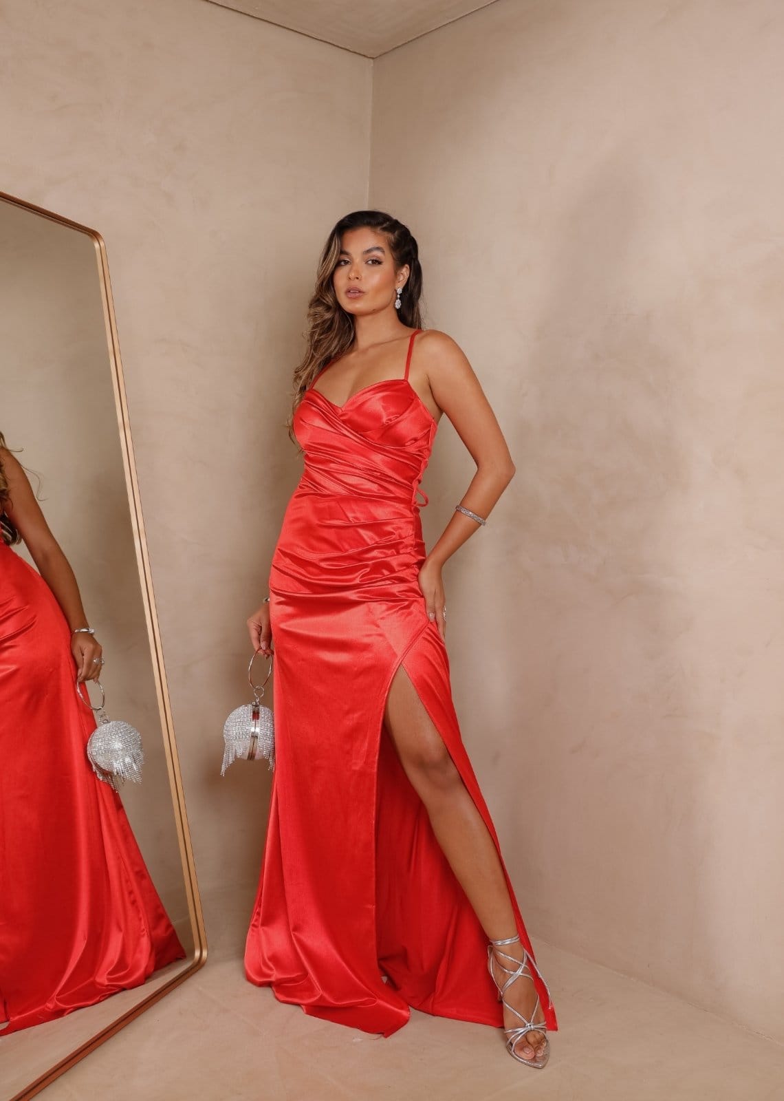 Vestido Longo de Festa Madrinhas Alcinha Sereia Acetinado com Fenda Gagine Cia do Vestido