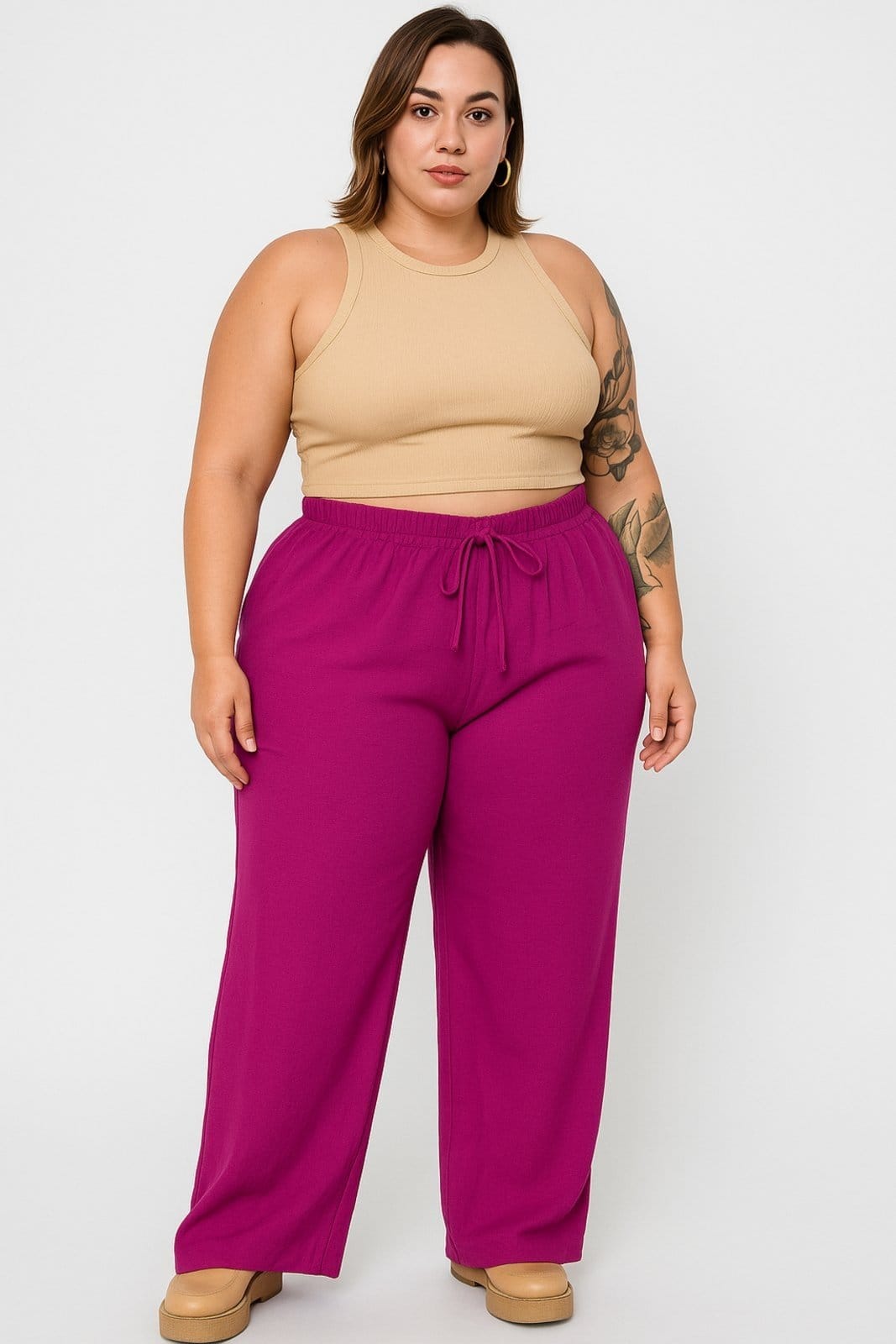 Calça Pantalona Plus Size D Bell Outlet Fashion Feminina Duna Com Bolso Cintura Alta Fucsia
