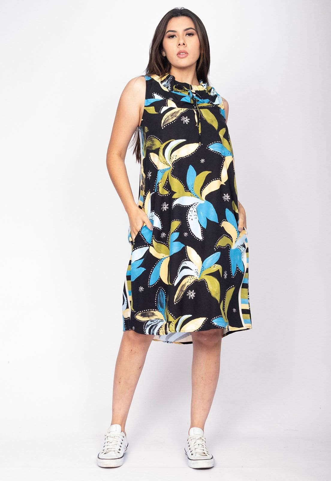 Vista principal Vestido Midi Cabanafree Viscose Piaf Jardim Noturno Cabanafree azul/estampado/verde