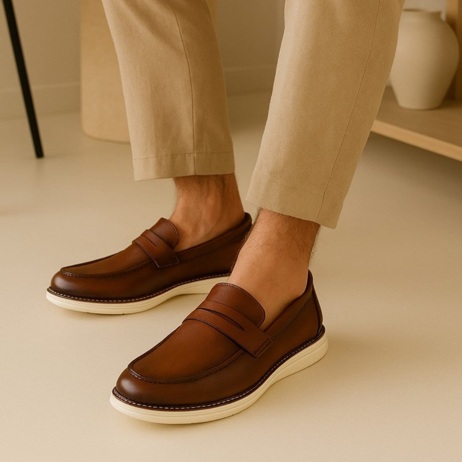 Vista 2 Sapato Social Masculino Mocassim Loafer Kit Relogio Sapatofran Casual Social Calce Fácil Conforto Havana Sapatofran marrom