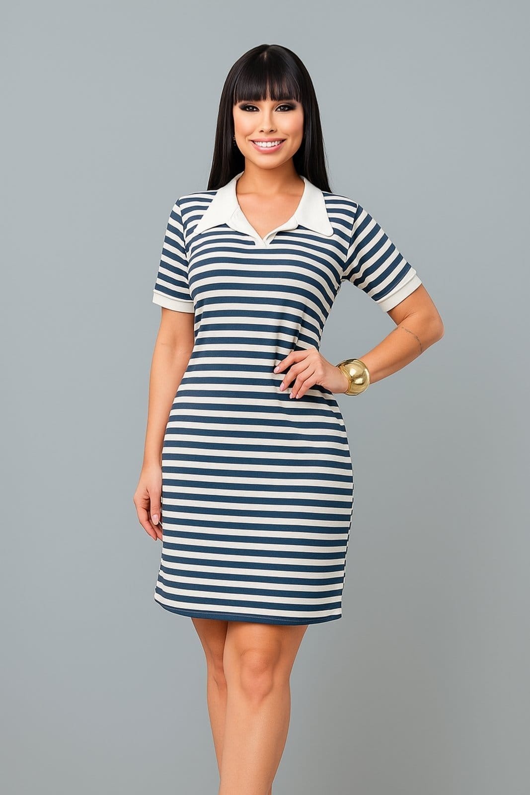 Vestido Curto D Bell Outlet Fashion Gola Polo Listrado Azul