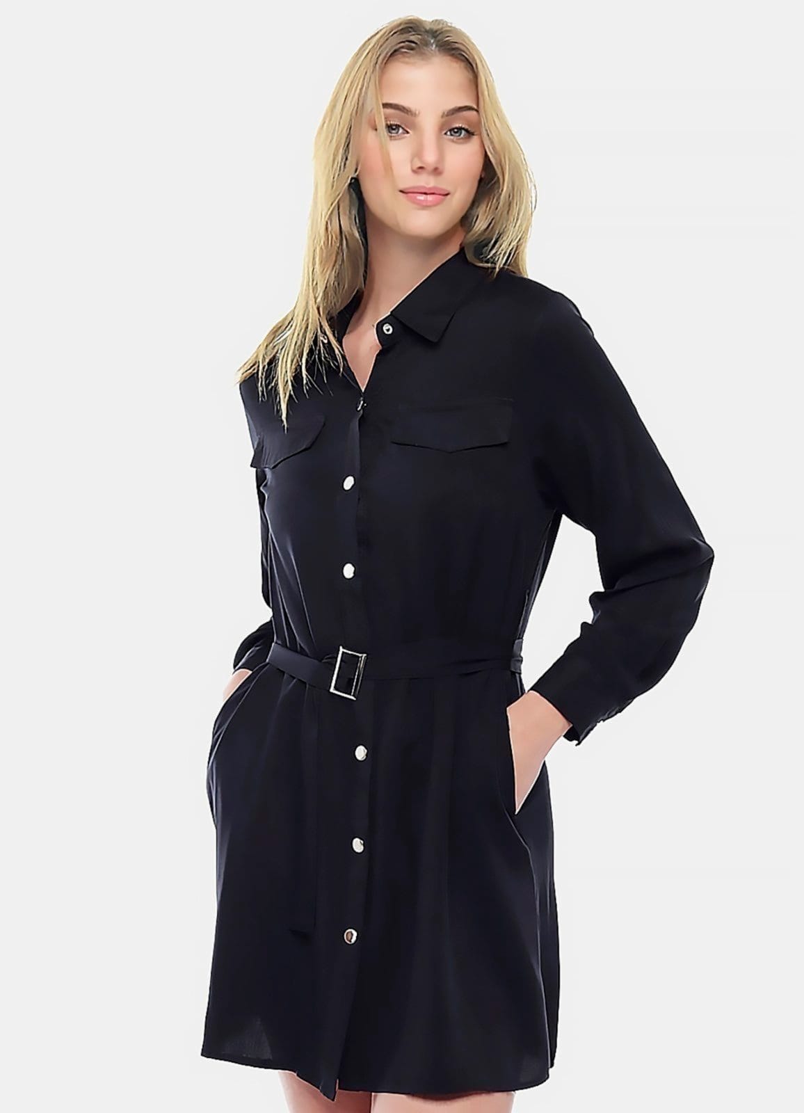 Vista 2 Vestido Chemise Manga Longa com Bolsos e Cinto SOB preto