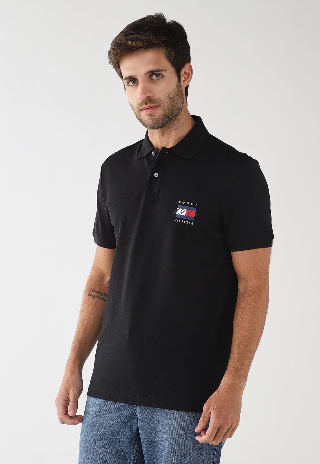 Vista principal Camiseta Polo Masculina Tommy Hilfiger Mercerized Pique Preta Tommy Hilfiger preto
