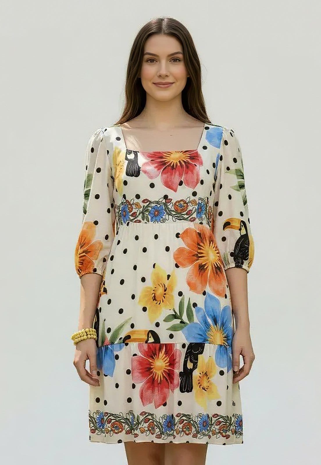 Vista principal Vestido CabanaFree Curto Manga 3/4 Estampa Jardim do Tucano Cabanafree estampado/off-white