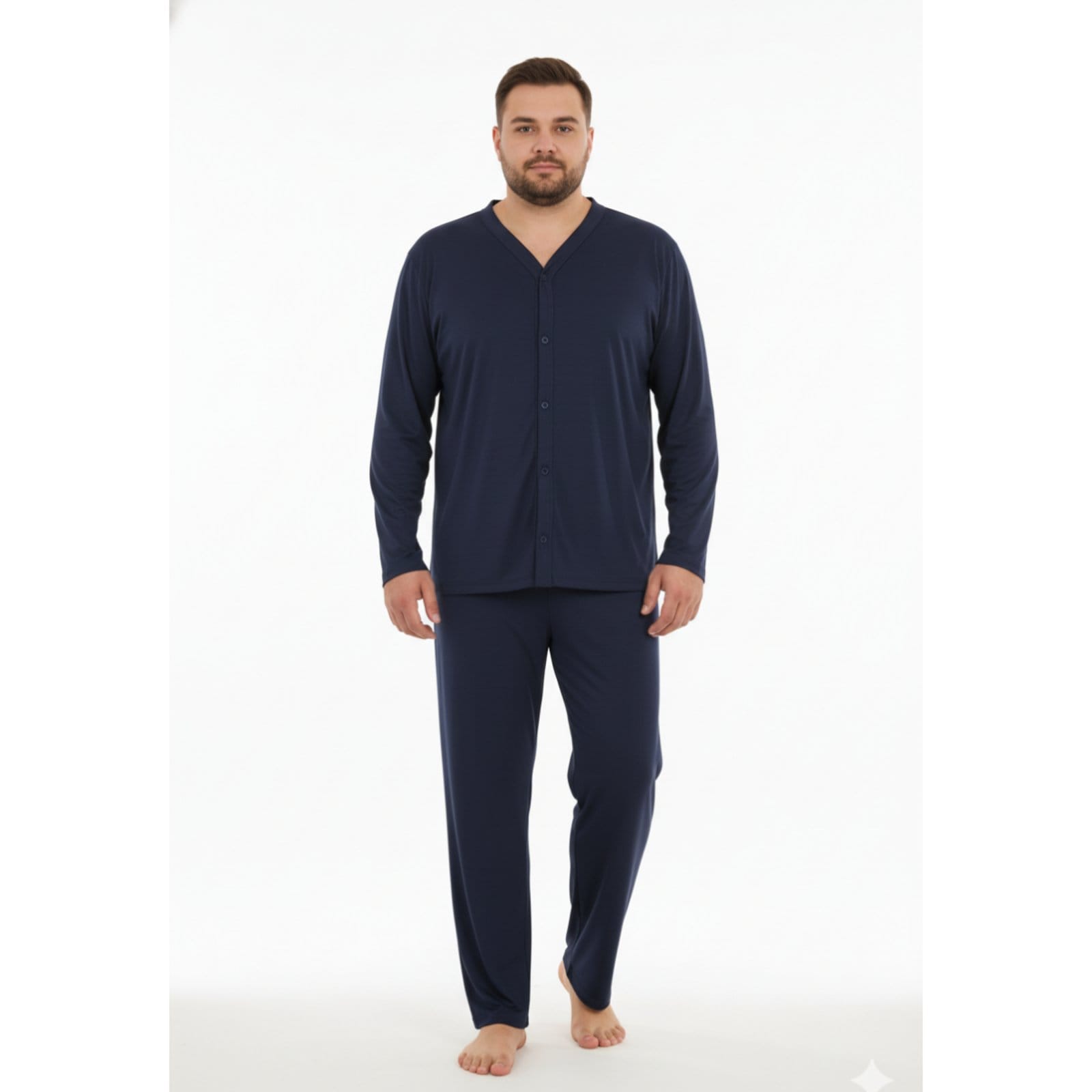 Pijama Americano Masculino Aberto Plus Size Adulto Inverno Comprido Frio Malha Fria Manga Longa G1 G2 G3 G4 50 52 54 Conforto Botão Abotoado Homen Mechler Marinho