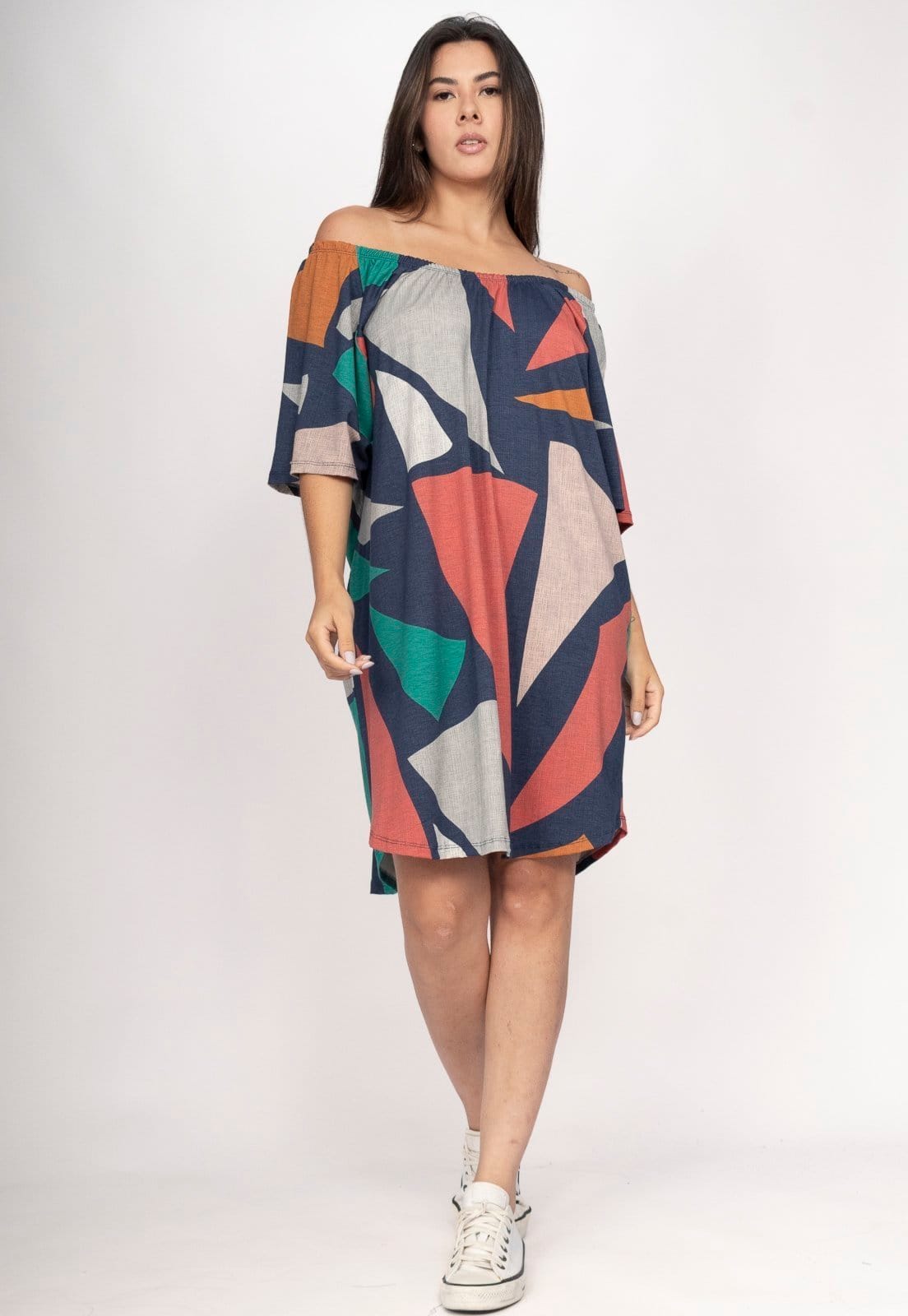 Vestido Amazonia Vital Curto Malha Ombro a Ombro Mullet Amplo Geometrias do Tempo