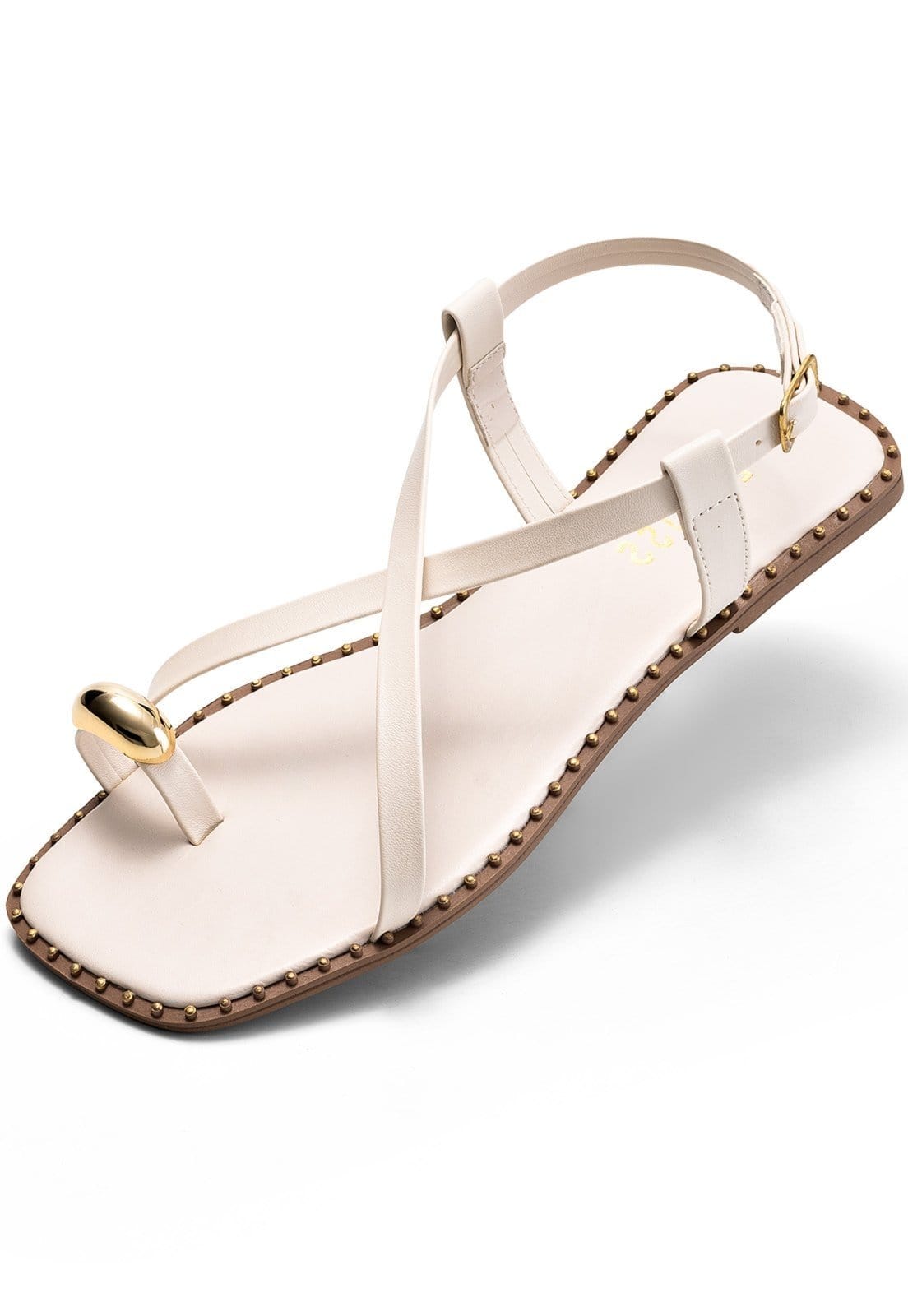 Sandália Rasteira Feminina Lumiss Tira Enfeite Metalizado Bico Quadrado Off White