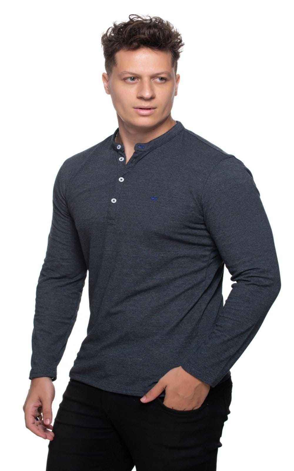 Vista 2 Camisa Gola Padre Aburguesia Slim Fit Cinza Alfaiataria Burguesia grafite