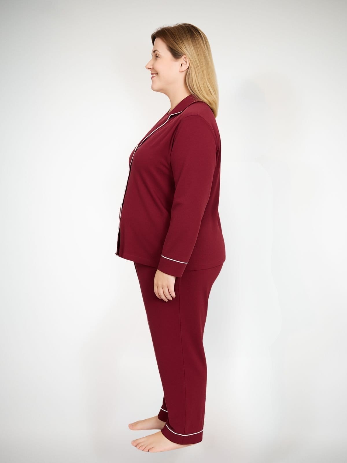 Vista 2 Pijama Algodão Plus Size Americano Longo Fernanda Piante bordô