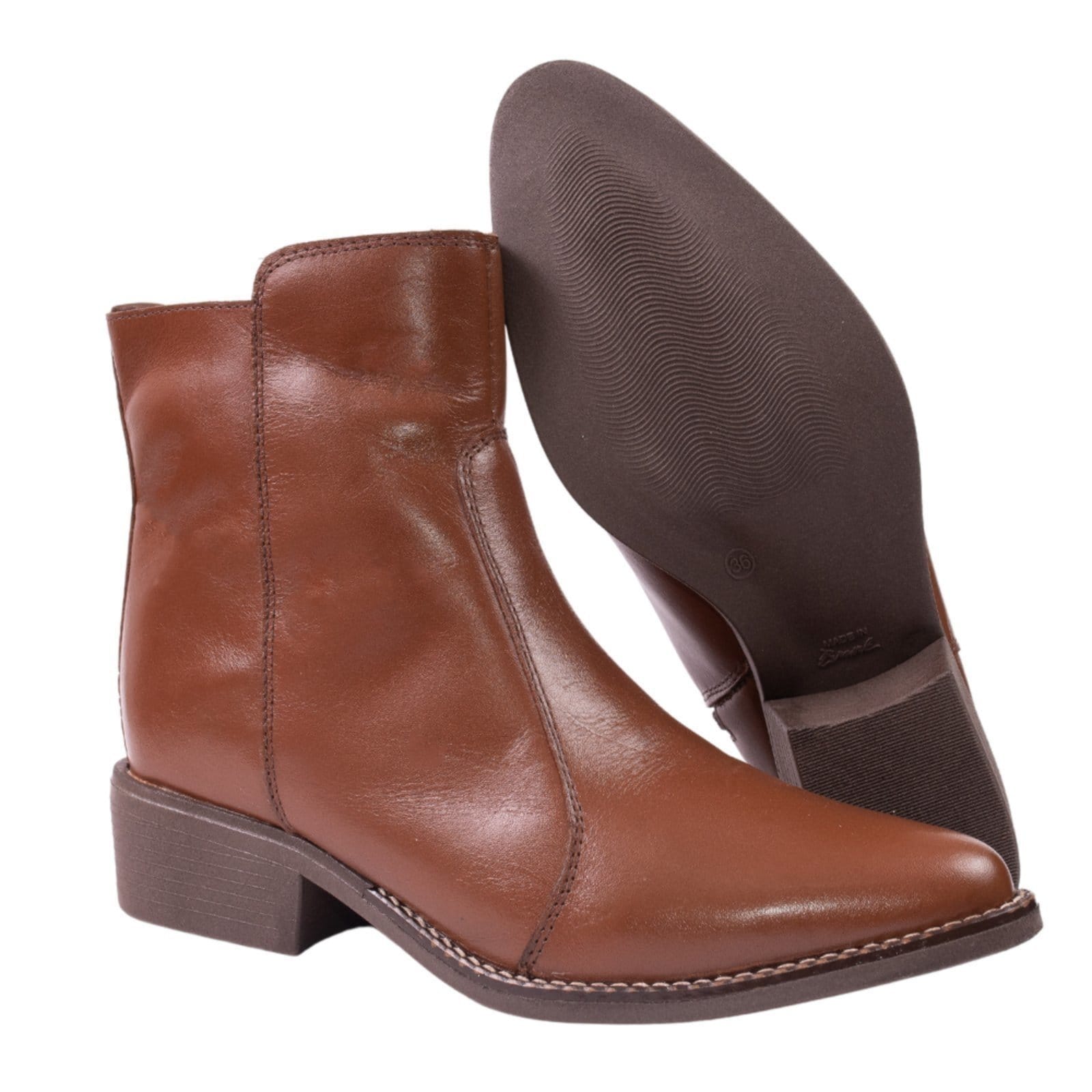 Vista 2 Bota Feminina Cano Baixo Bico Fino Couro Conhaque TELLINI STORE caramelo