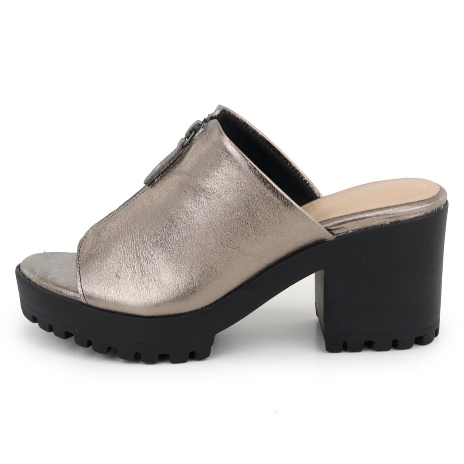 Tamanco Feminino Salto Bloco Zíper Tratorada em Couro Maria Paula Metalizado