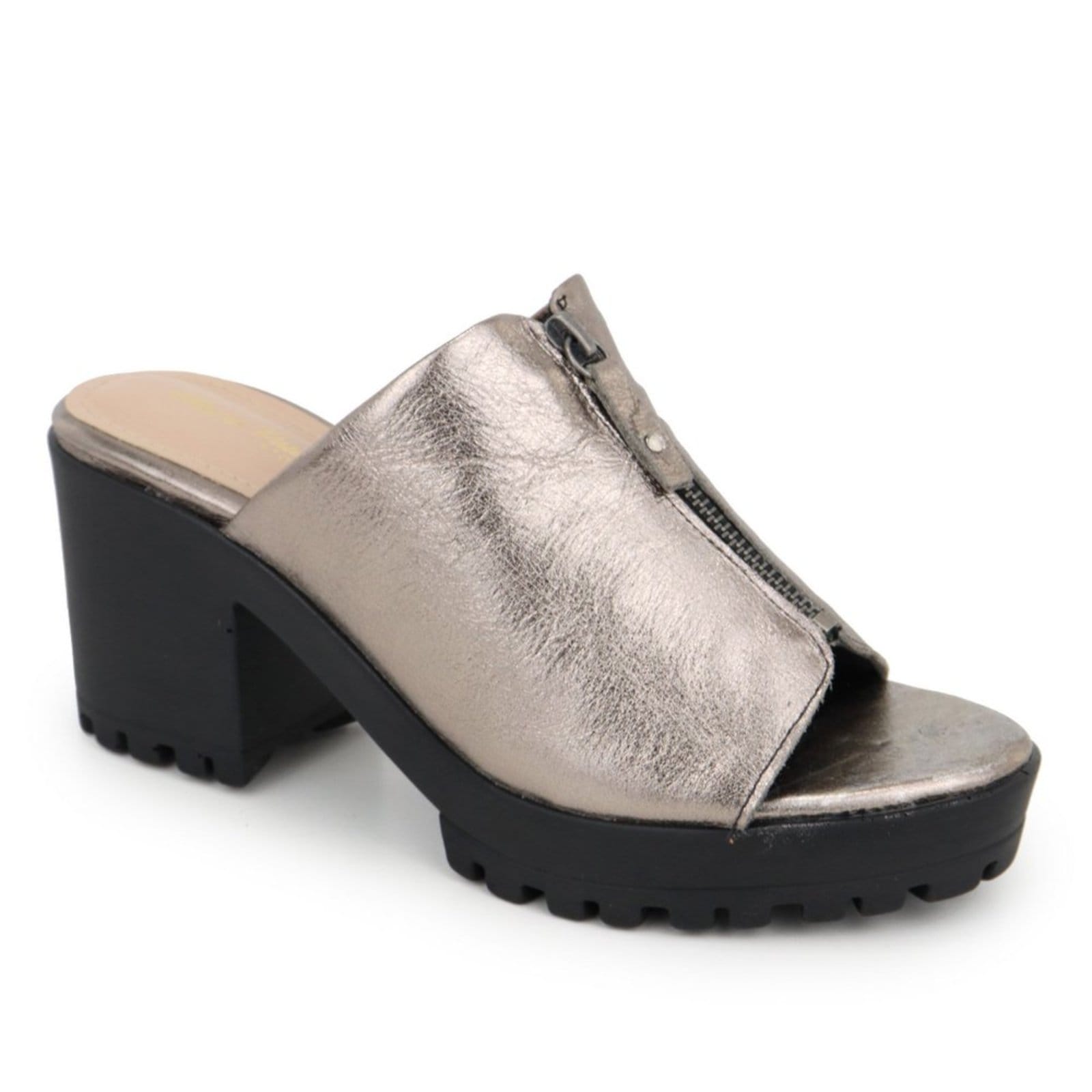 Vista 2 Tamanco Feminino Salto Bloco Zíper Tratorada em Couro Maria Paula Metalizado MARIA PAULA prata