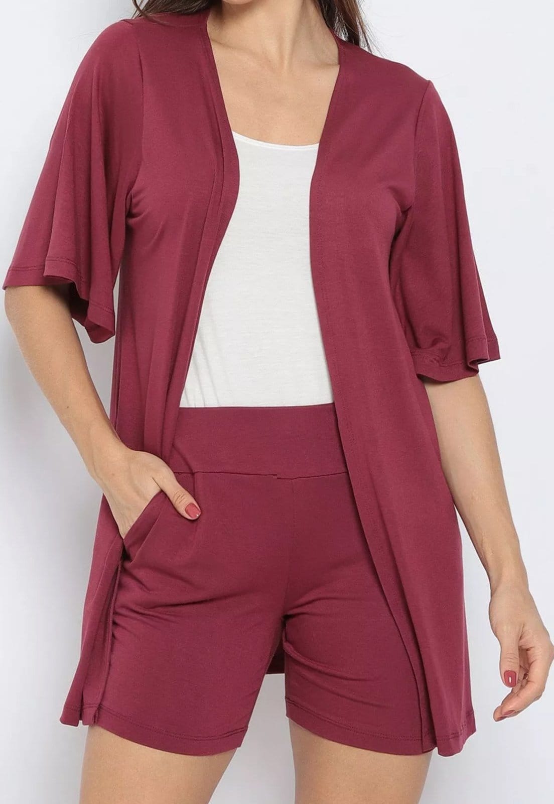 Conjunto Maria Paes Short, Kimono e Regata Vinho e Off White