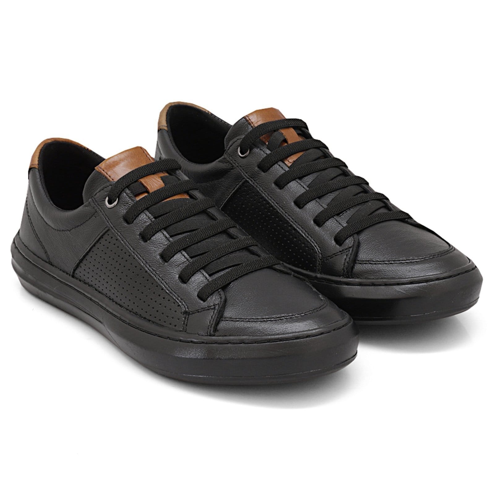 Tênis Sapatênis Casual De Couro Solado Black Cadarço Elástico - Preto