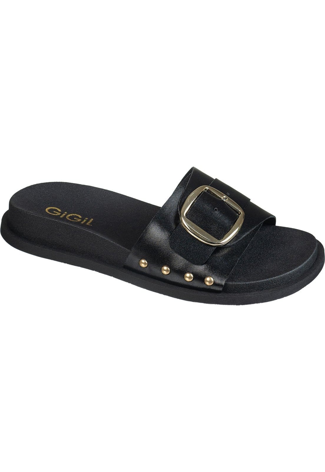 Vista 2 Sandália Feminina Papete GiGiL Slide Tachas Metalizadas Fivela Gigil preto