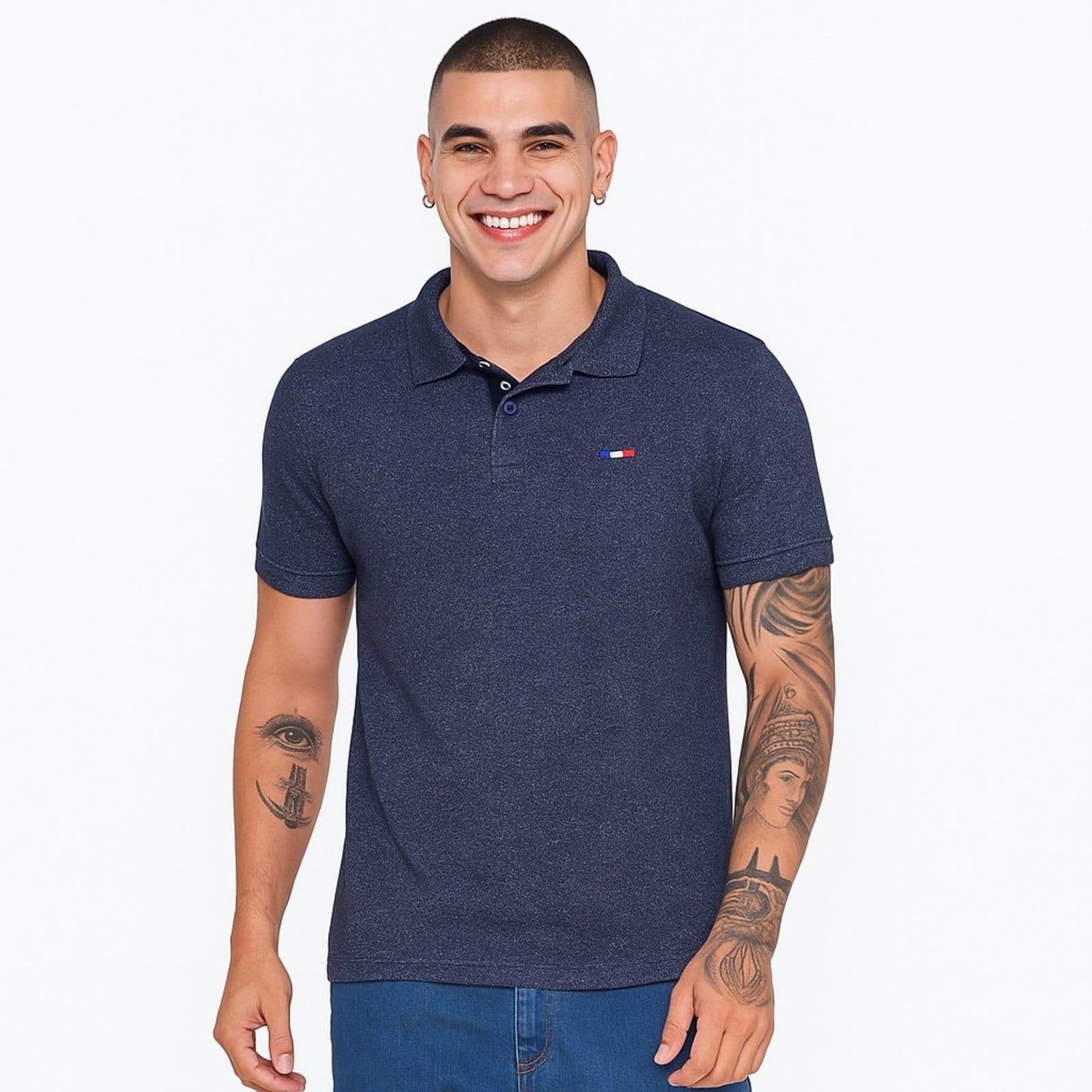 Camisa Polo Vih Triny Masculina Básica Industrie Piquet no Estilo Tommy Bordado França Marinho Mescla