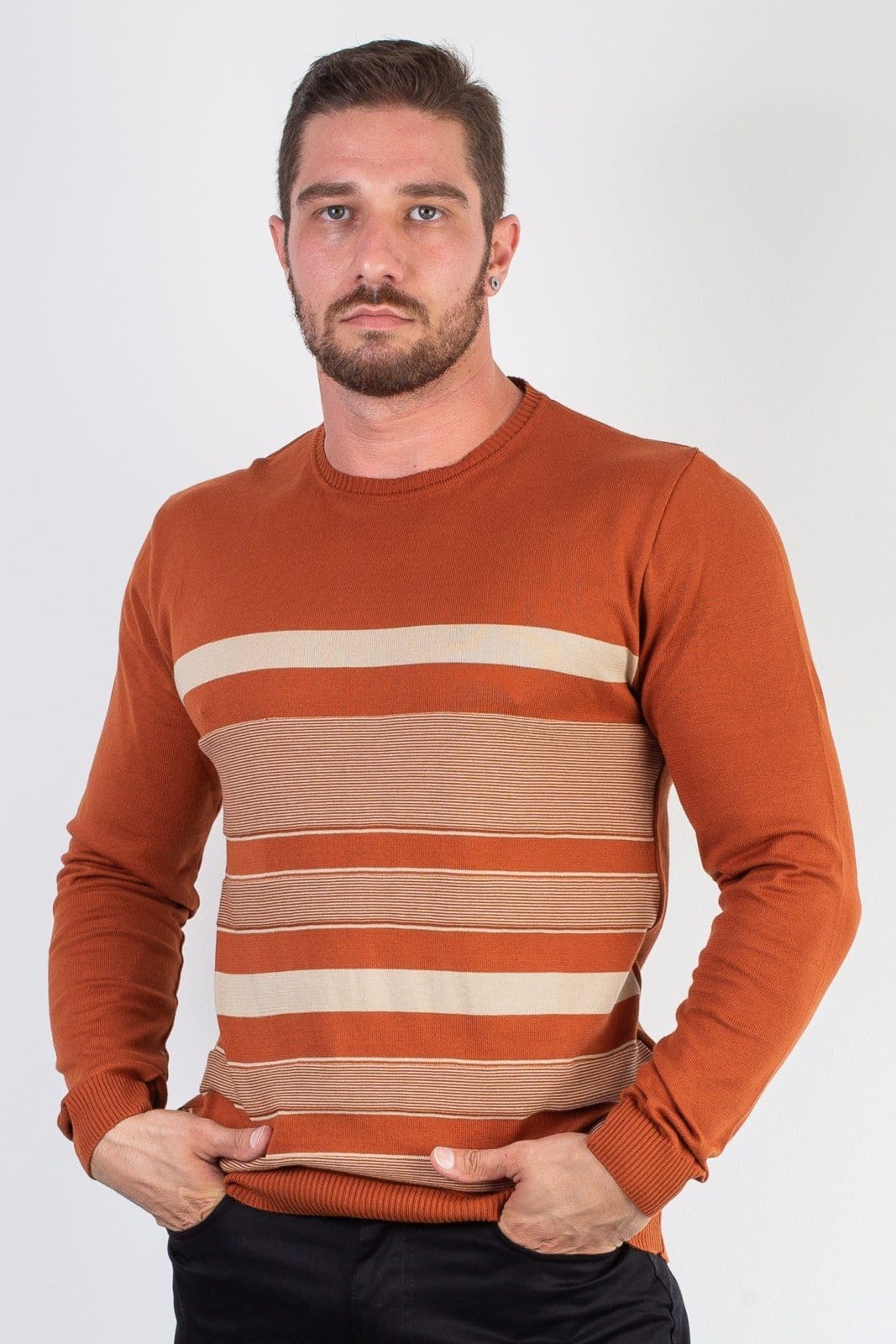 Suéter masculino de malha com listras 50004 - Terracota