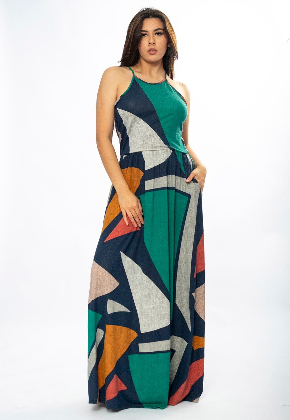 Vestido Amazônia Vital Longo Jennifer Malha Trapézio com Bolso Geometrias do Tempo