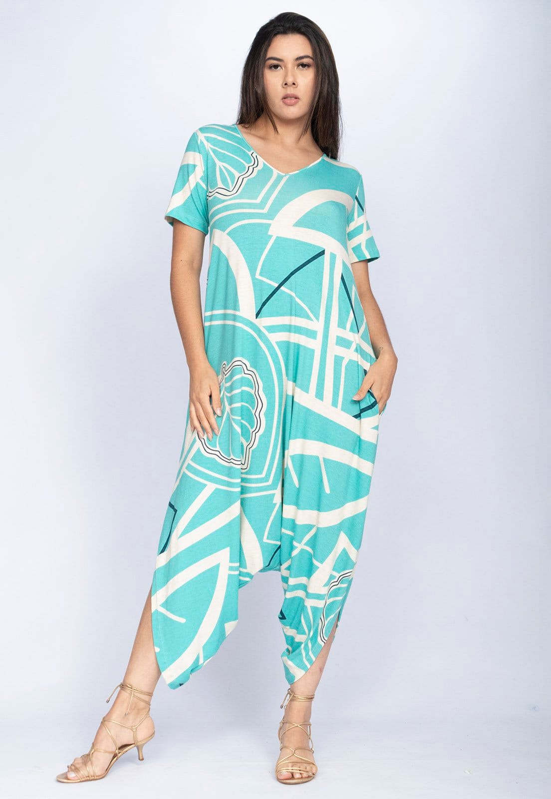 Vista 2 Macacão CabanaFree Saruel Malha Pantacourt Grumari com Manga Estampa Aqua Flora Cabanafree estampado aqua