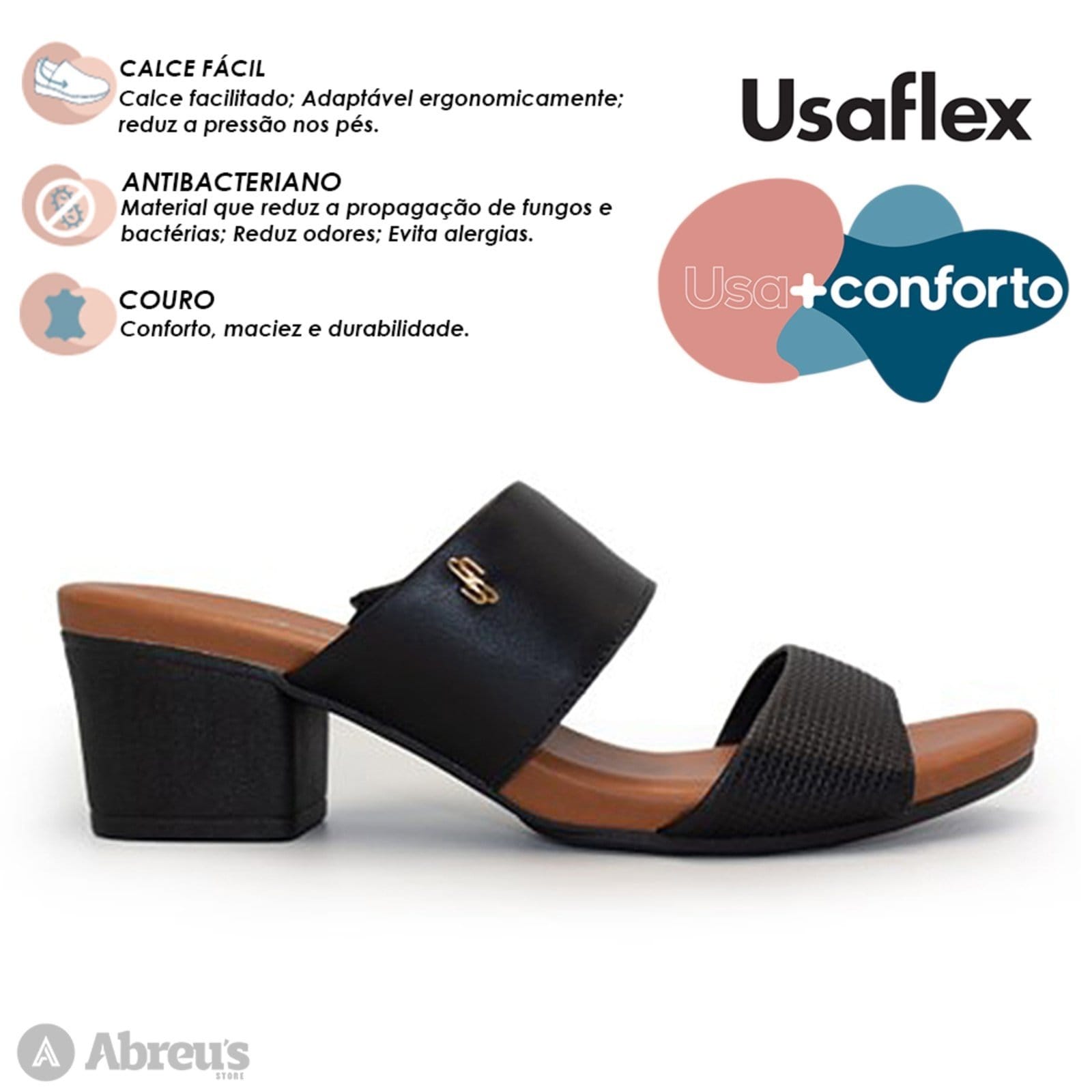 Vista 2 Tamanco Feminino Usaflex Salto Bloco Duas Tiras Conforto Usaflex preto