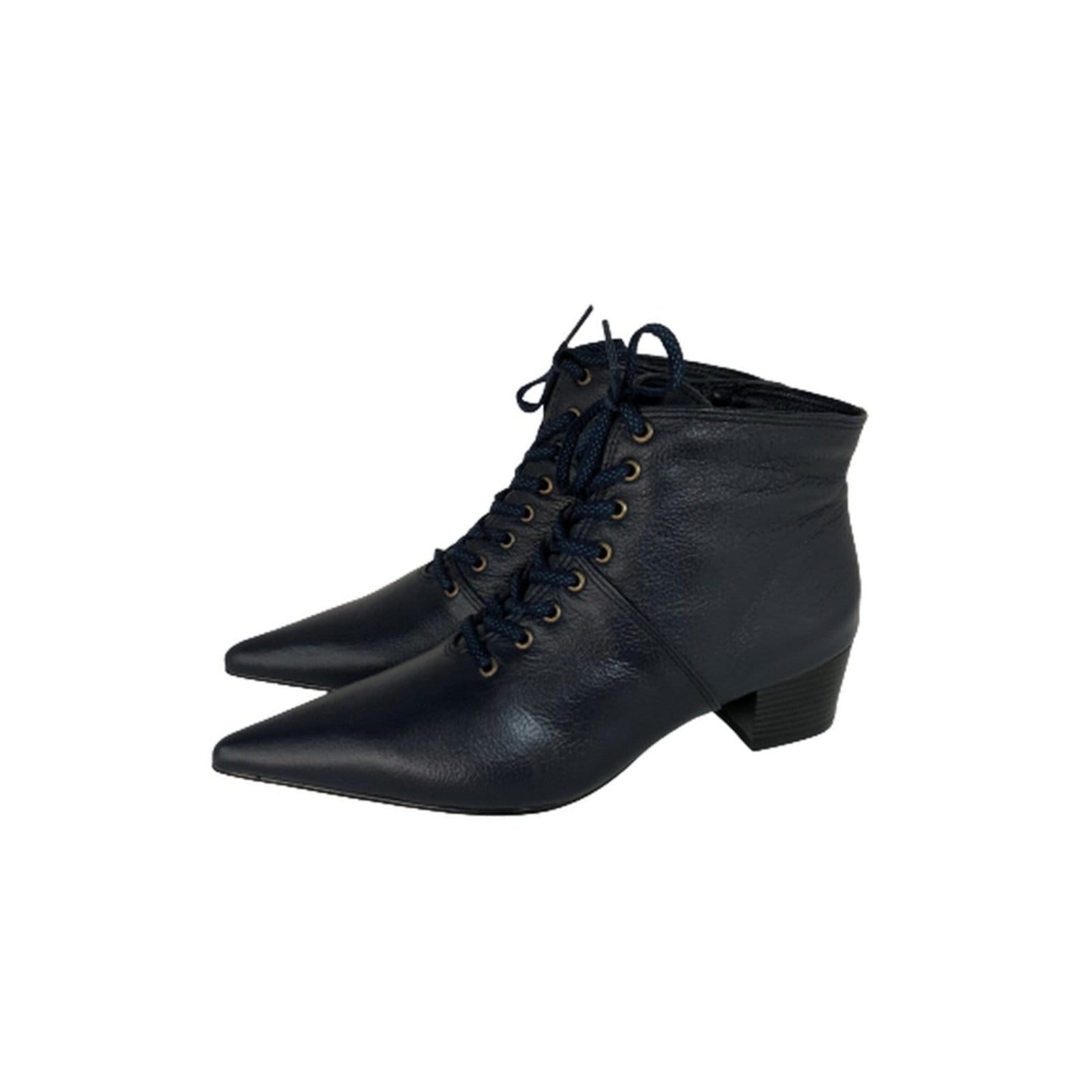 Bota Feminina Com Cadarço Bico Fino Cano Curto Couro Salto 4 CM Azul