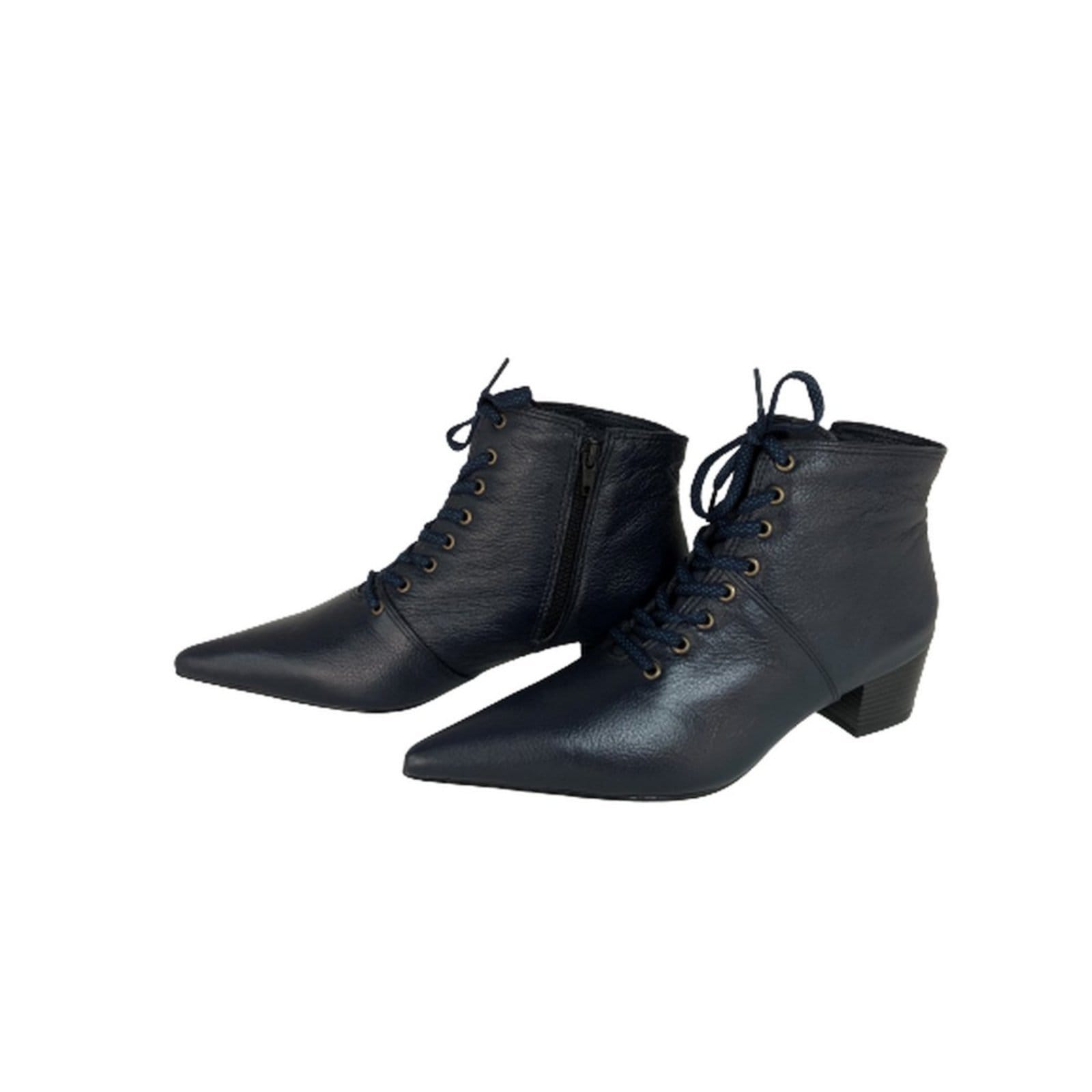 Vista 2 Bota Feminina Com Cadarço Bico Fino Cano Curto Couro Salto 4 CM Azul Spinelli azul marinho