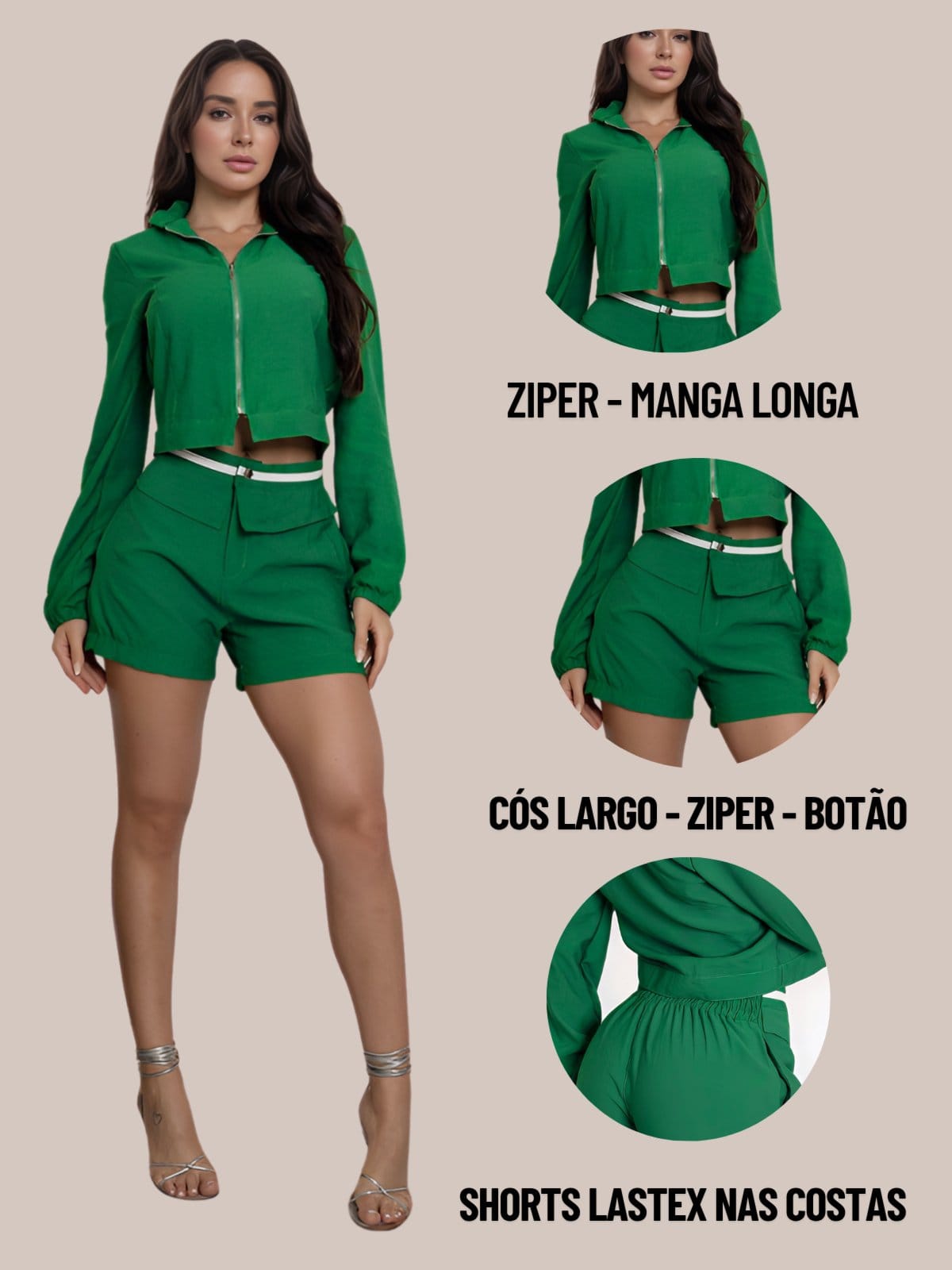 Vista 2 Conjunto Feminino Divina Gata Jaqueta e Shorts Alfaiataria DIVINA GATA verde