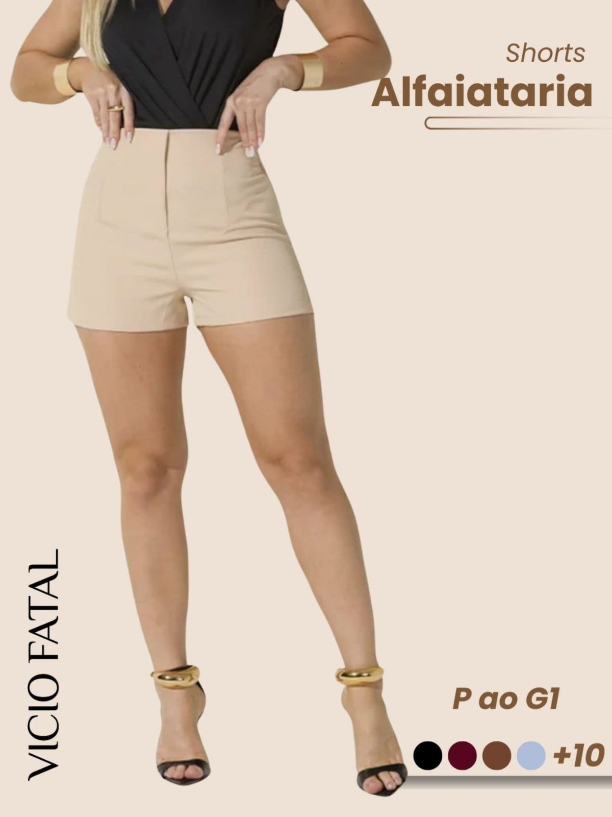 Shorts Feminino de Alfaitaria Social Areia Fecho Invisível Elegante Plissado Modelagem Curta Cintura Alta Estiloso Casual Sofisticado Bolsos Frontais Fecho com Botão Minimalista