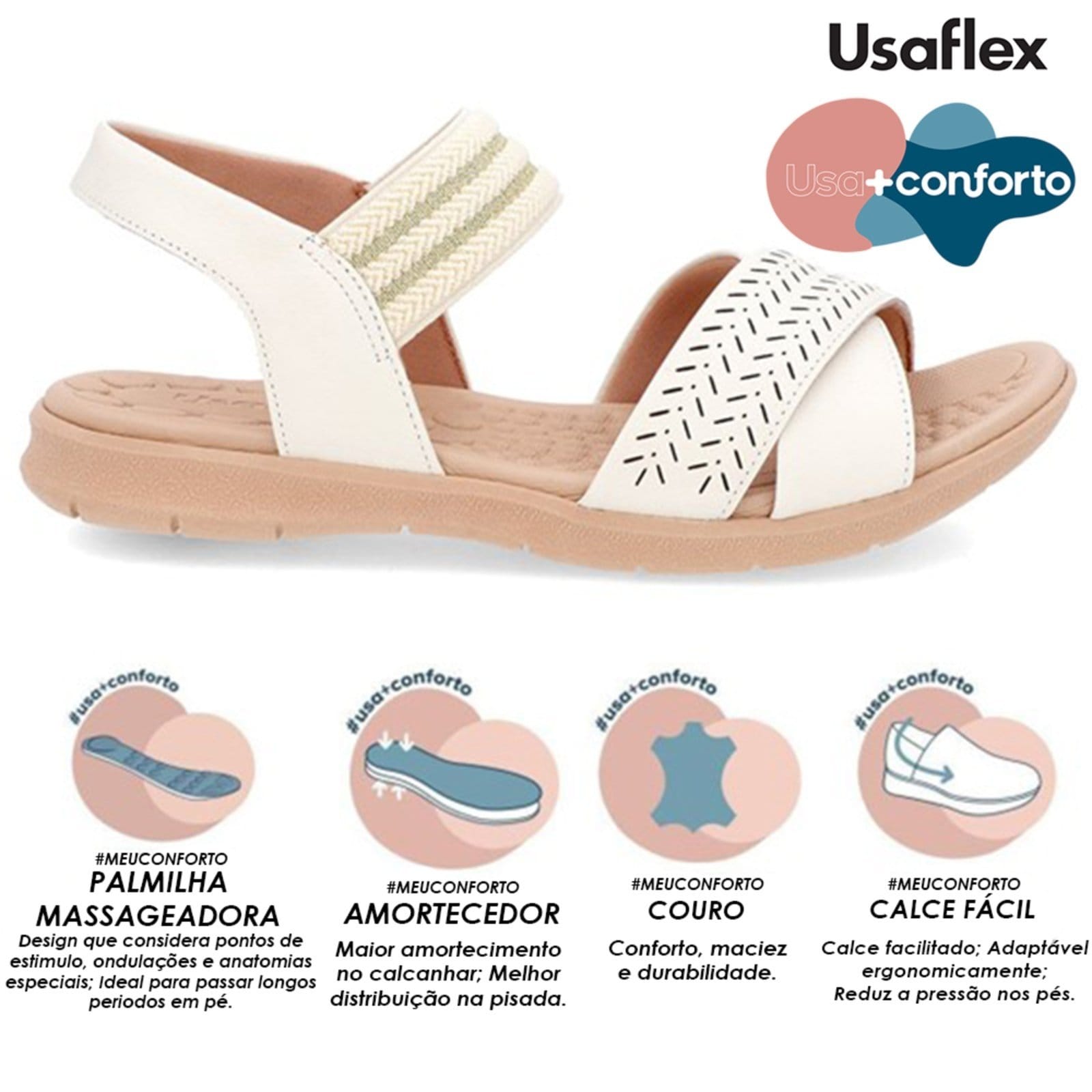 Vista 2 Sandália Papete Usaflex Baixa Couro Elástico Confortoplantar Marfim Usaflex multicolorido