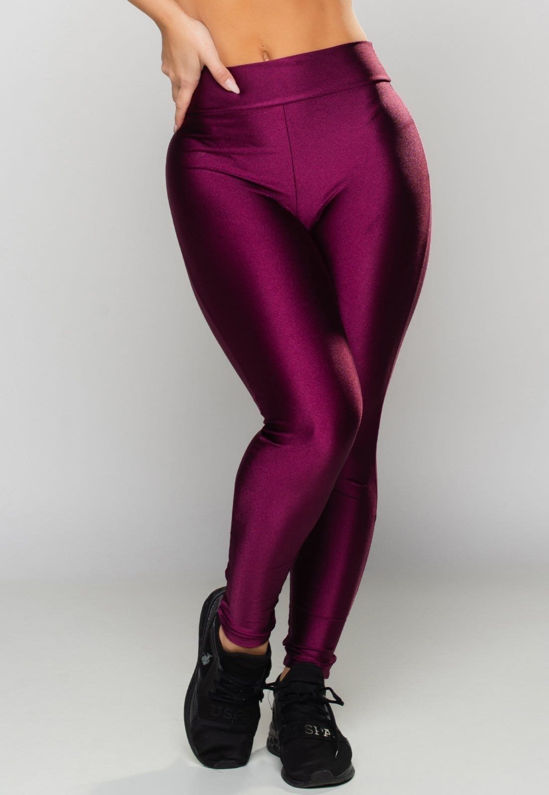 Vista 2 Calça Legging MVB Modas Poliamida Brilhosa Cintura Alta Mvb Modas vinho