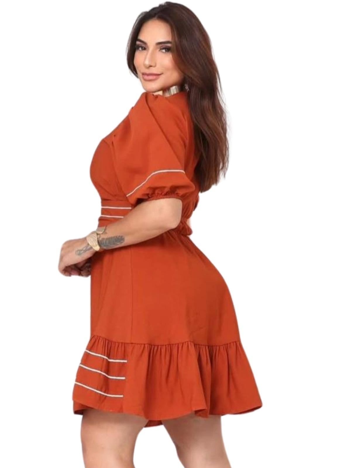 Vista 2 Vestido Summer body Feminino Curto com Babado & Manga Bufante Terracota Summer Body caramelo