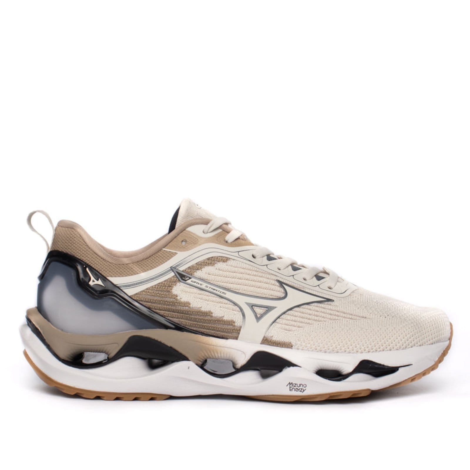 Vista principal Tênis Masculino Mizuno Wave Stratos 3 Branco/Preto Mizuno bege