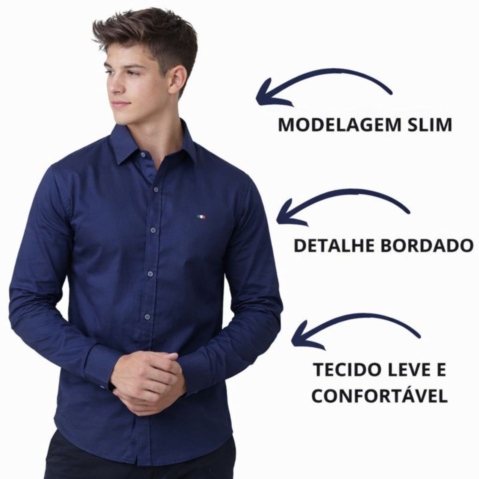 Vista 2 Camisa Social Masculina Slim Manga Longa Casual Premium Marinho Industrie azul marinho