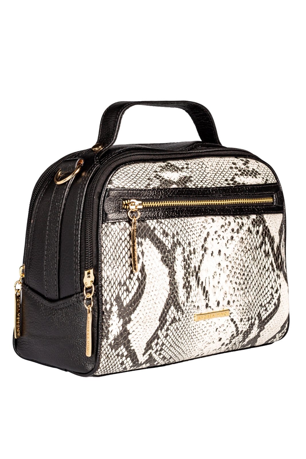 Vista 2 Bolsa baú pequena de couro estampado Lara Andrea Vinci cobra